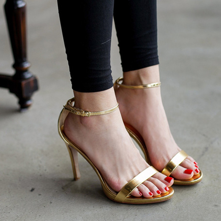Metallic Open-toe Fine Ankle-strap Stilettos