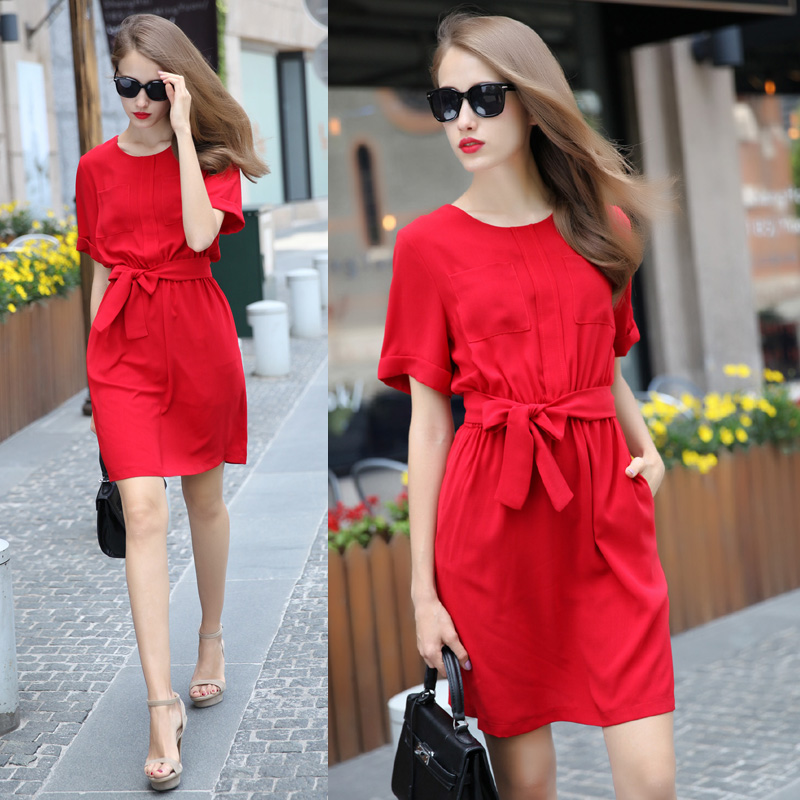 Summer New Fashion Simple Solid Color Casual Elastic Waist Slim Dress ...
