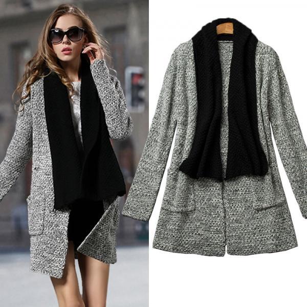 Fashion New Style Long Sleeves Pockets Design Patchwork Grey Knitting ...